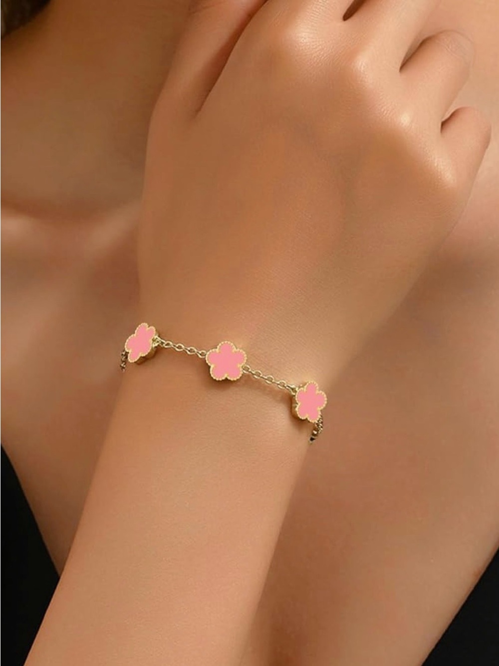 ⭐️FINAL PRICE Stainless Steel Gold Chain Bracelet with Pink Clover Charms